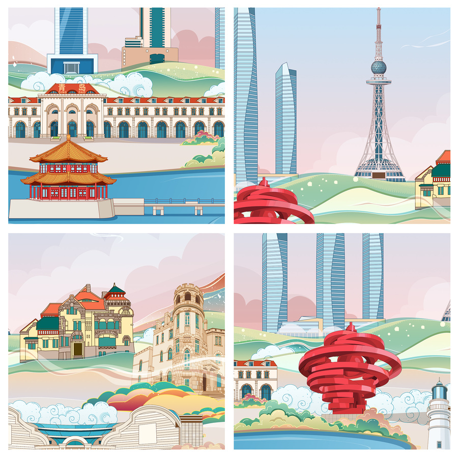 青島地標(biāo)建筑城市印象旅游插畫