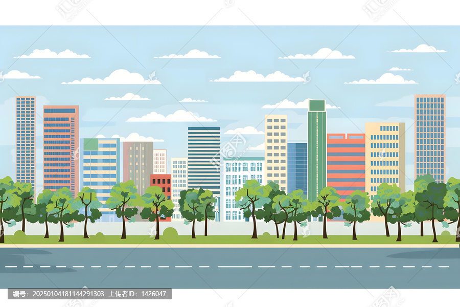 城市景觀，綠色樹木和建筑