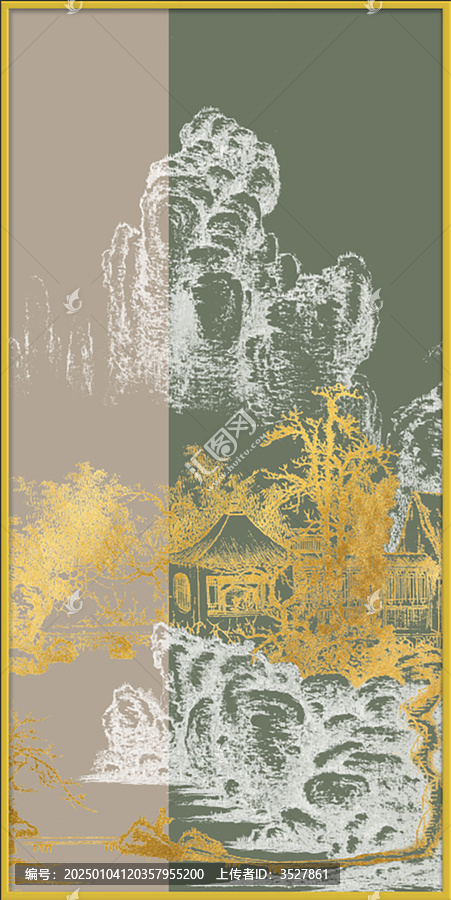 新中式線描山水古建筑玄關(guān)裝飾畫(huà)背景墻