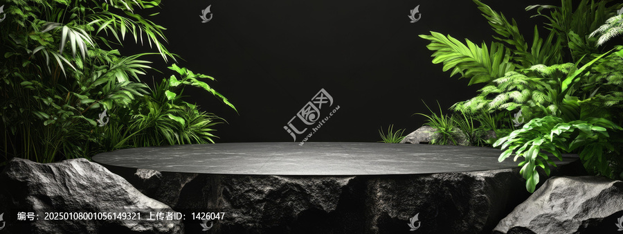 暗色石頭產(chǎn)品展示臺(tái)與茂盛植物