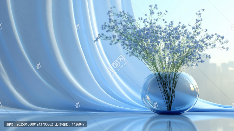 窗邊玻璃花瓶里的淡藍(lán)色小花