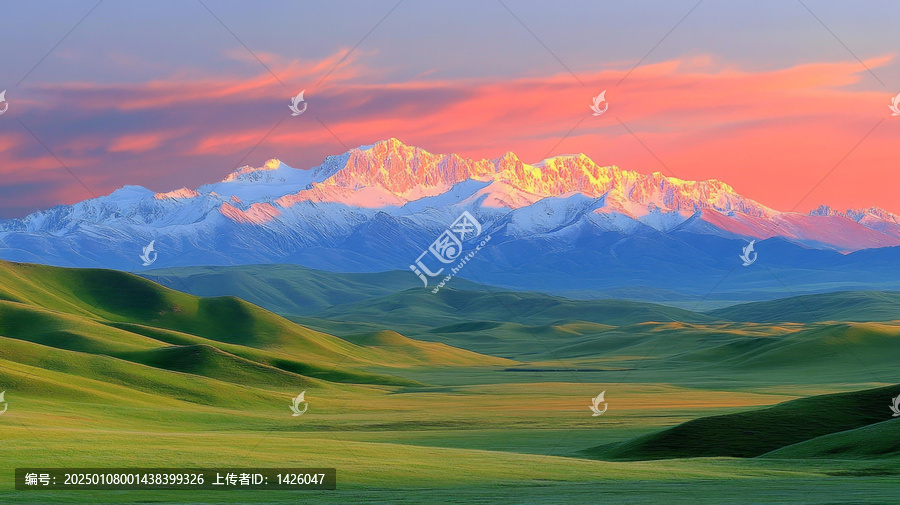 朝霞染山巒,,草原晨景