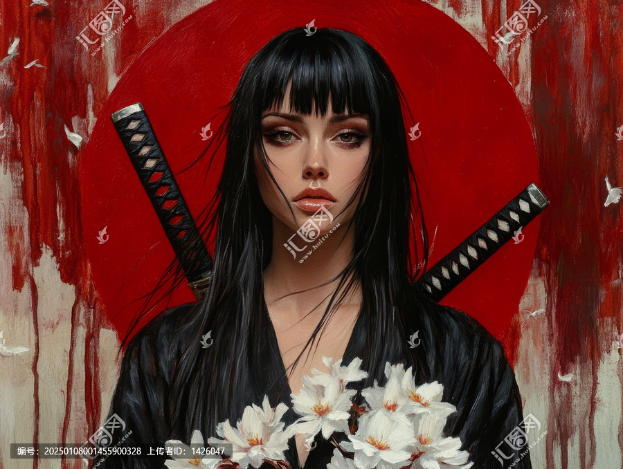 一位亞洲女性武士與花朵