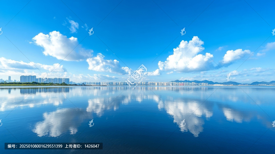 平靜湖面上的城市倒影