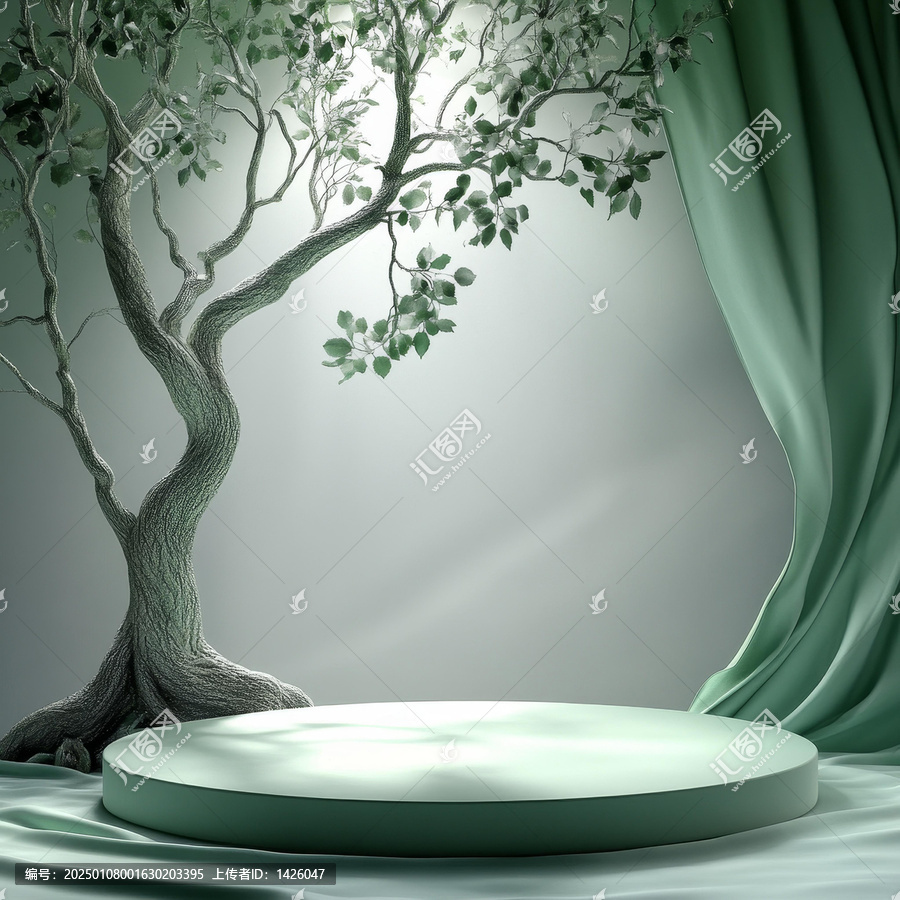 綠色抽象樹木與布幔場景