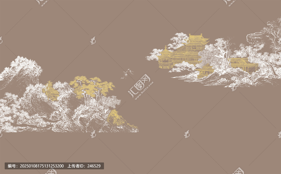 新中式線描山水閣樓背景墻