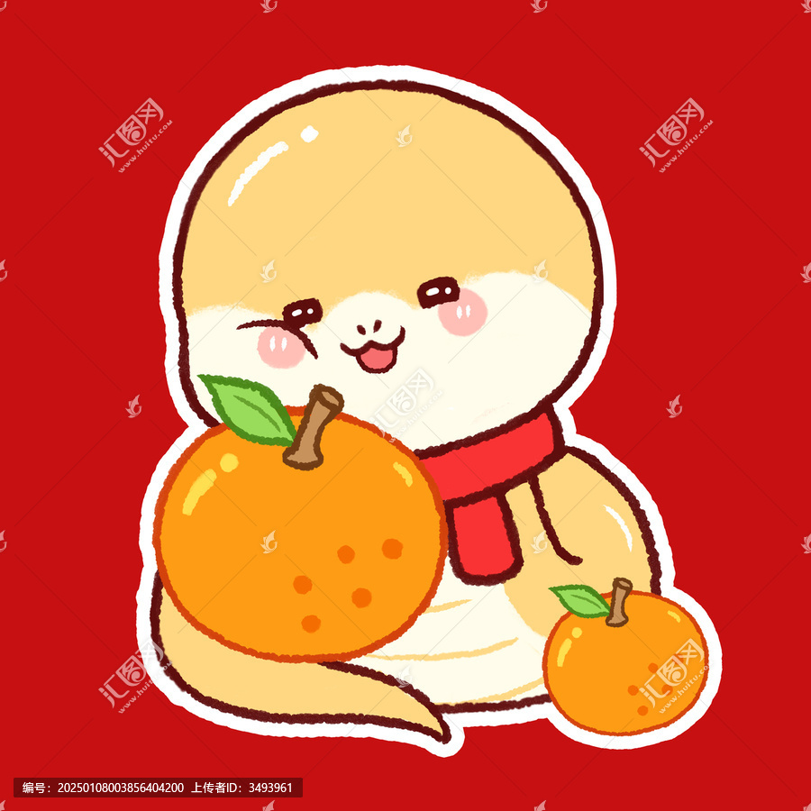 抱金桔蛇年卡通畫