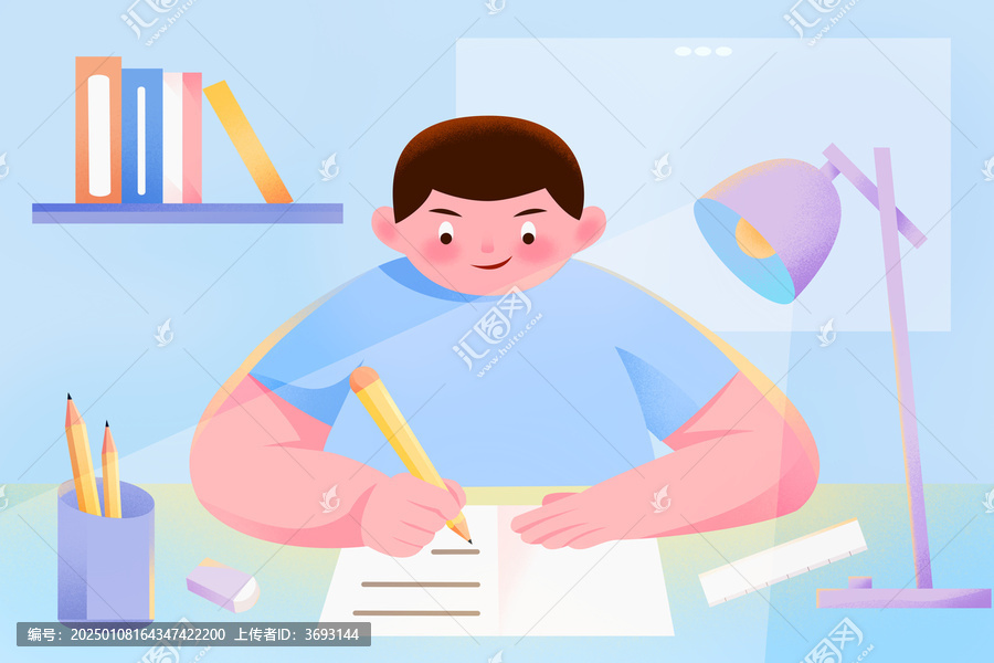 扁平風(fēng)在書桌前低頭寫作業(yè)的男孩插畫