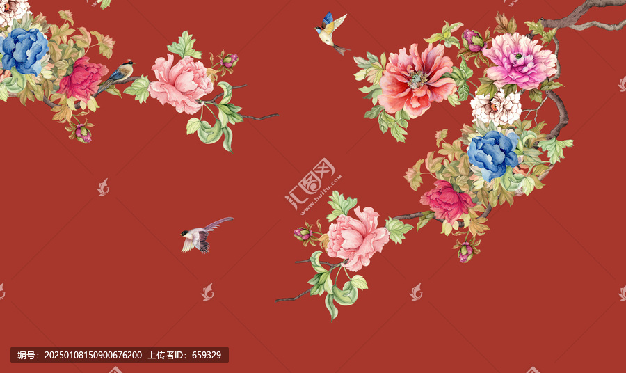 新中式牡丹花鳥背景墻