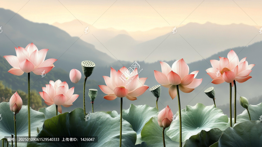 朦朧山谷中的蓮花盛開