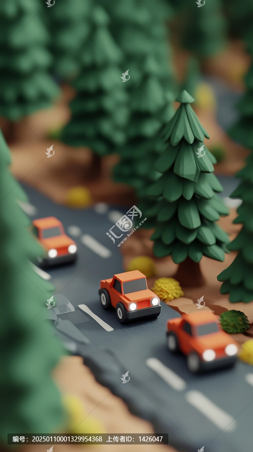 卡通森林小路上的橙色小汽車