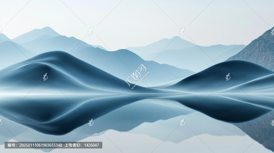 平靜湖面倒映的朦朧群山