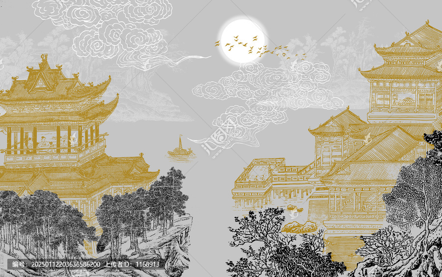 中式山水樓閣刺繡背景墻