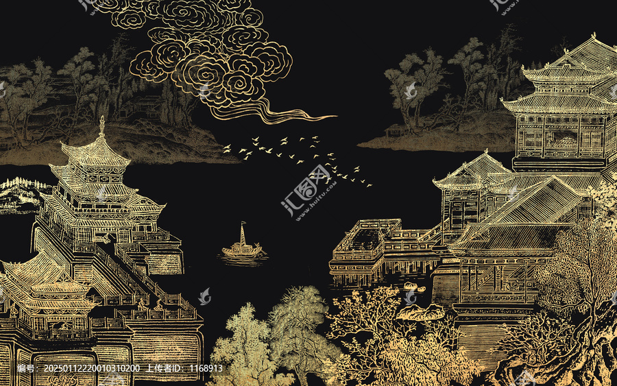 黑金線條刺繡樓閣山水壁畫
