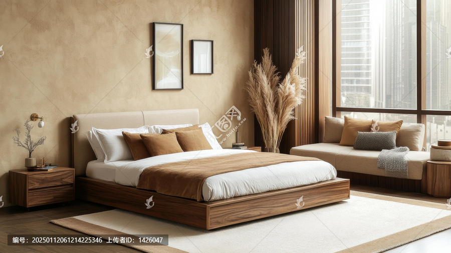 現(xiàn)代木質(zhì)臥室，米色墻面，駝色點(diǎn)綴