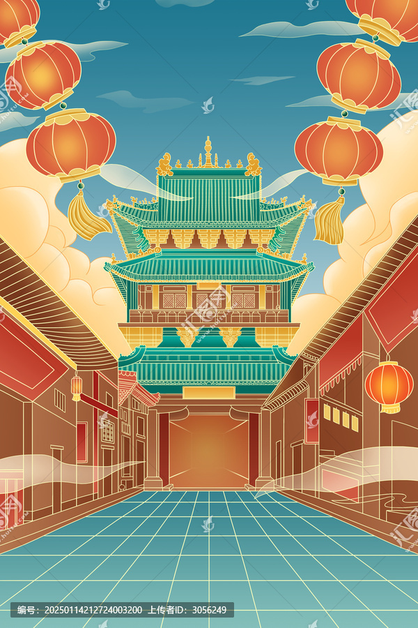 手繪古風(fēng)建筑插畫