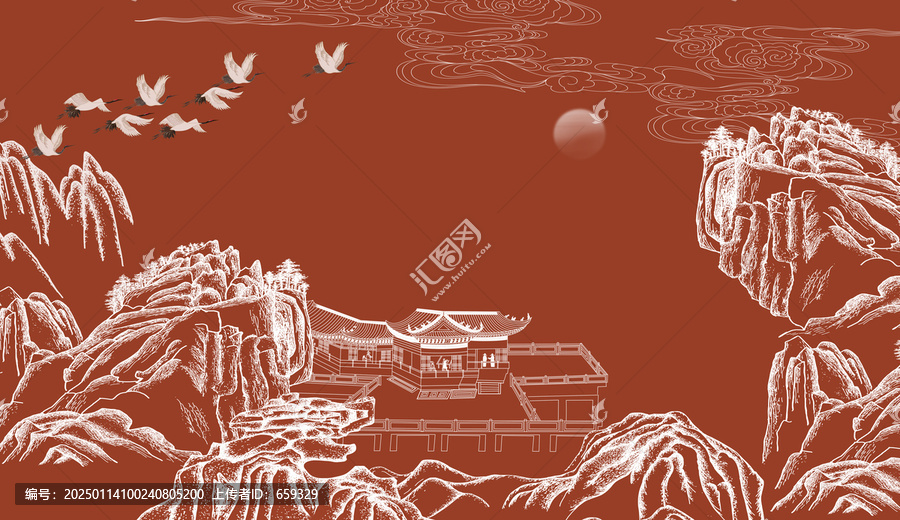 中式線描山水描金畫背景墻