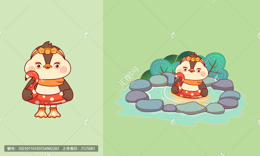 卡通鴨子秋沙鴨泡溫泉游泳矢量插畫(huà)