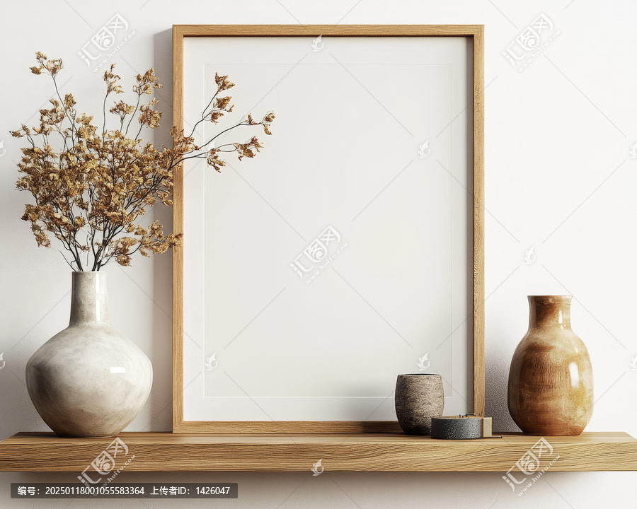 木質(zhì)擱板上的空畫框與干花花瓶
