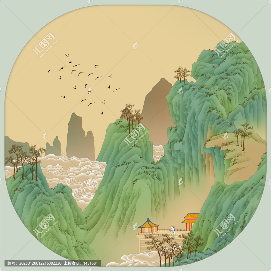 手繪山水圖宮扇