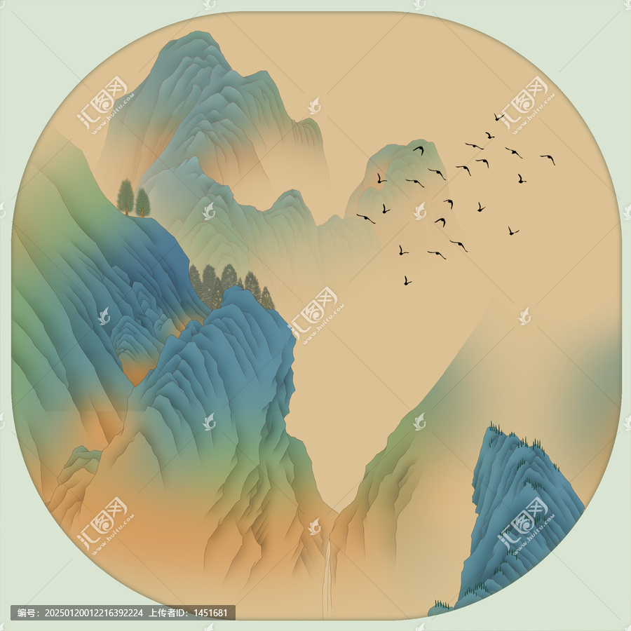 手繪山水圖宮扇