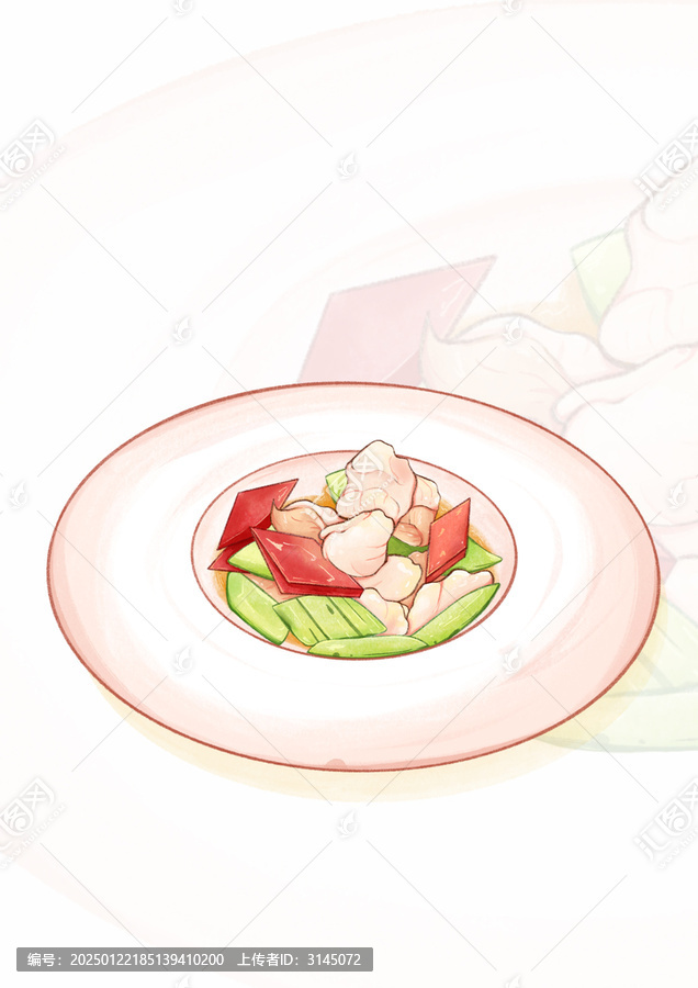 青瓜炒蝦仁水彩插畫