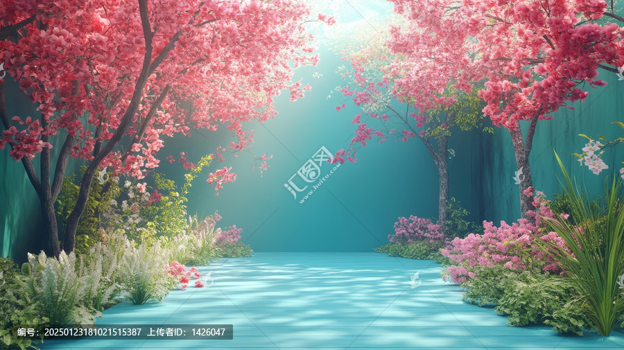 夢幻粉嫩櫻花樹木花徑背景圖