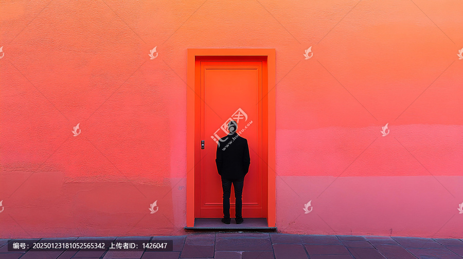 面對(duì)巨大紅色大門的男人