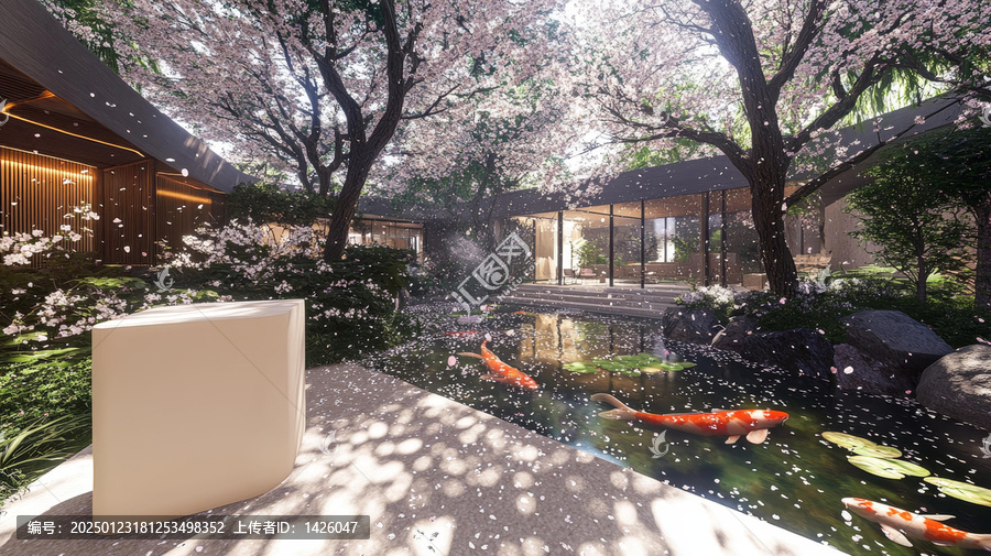 櫻花盛開日式庭院水池美景