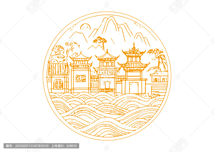 福鼎城市地標(biāo)古建筑插圖版畫(huà)素描底紋矢量圖