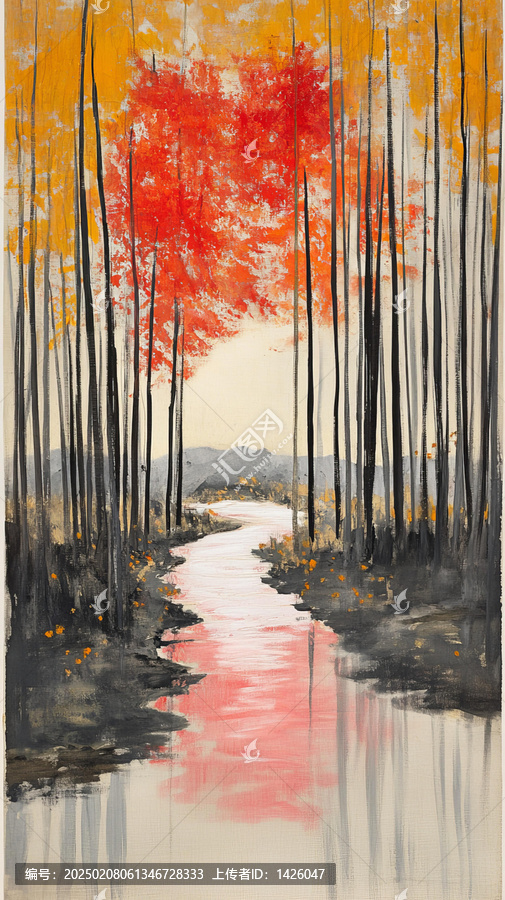 秋林溪流風(fēng)景畫