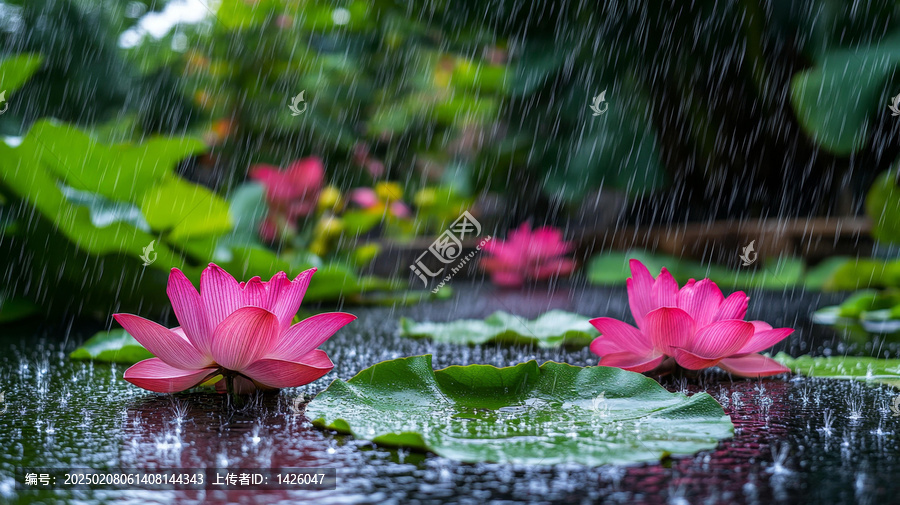 雨中粉蓮花池