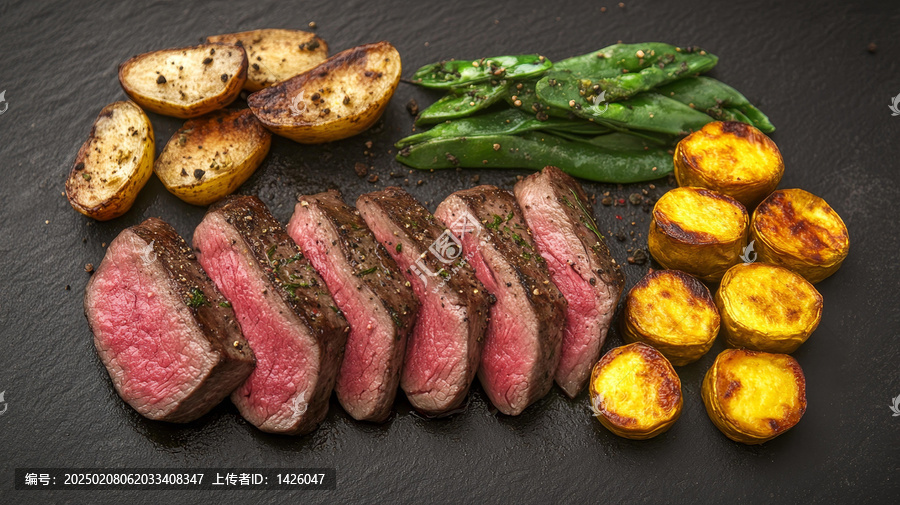 美味烤肉配烤土豆和青豆