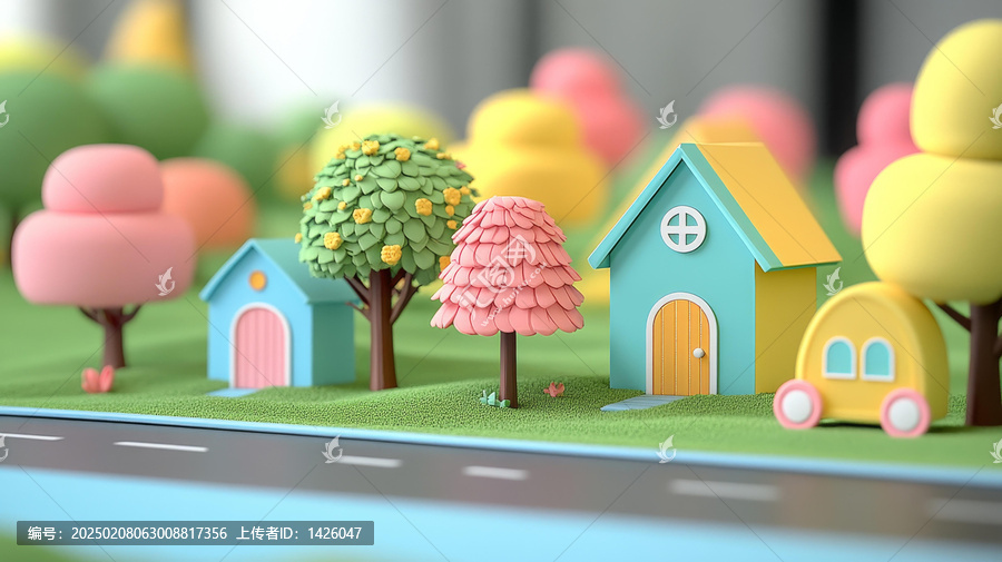 可愛(ài)的卡通微縮小鎮(zhèn)場(chǎng)景