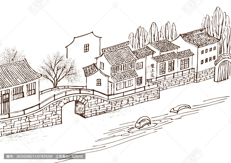江南水鄉(xiāng)古鎮(zhèn)建筑底紋素描版畫線稿圖矢量圖