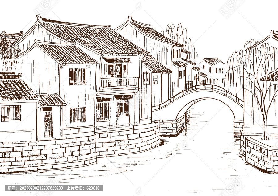 江南水鄉(xiāng)古鎮(zhèn)建筑底紋素描版畫線稿圖矢量圖