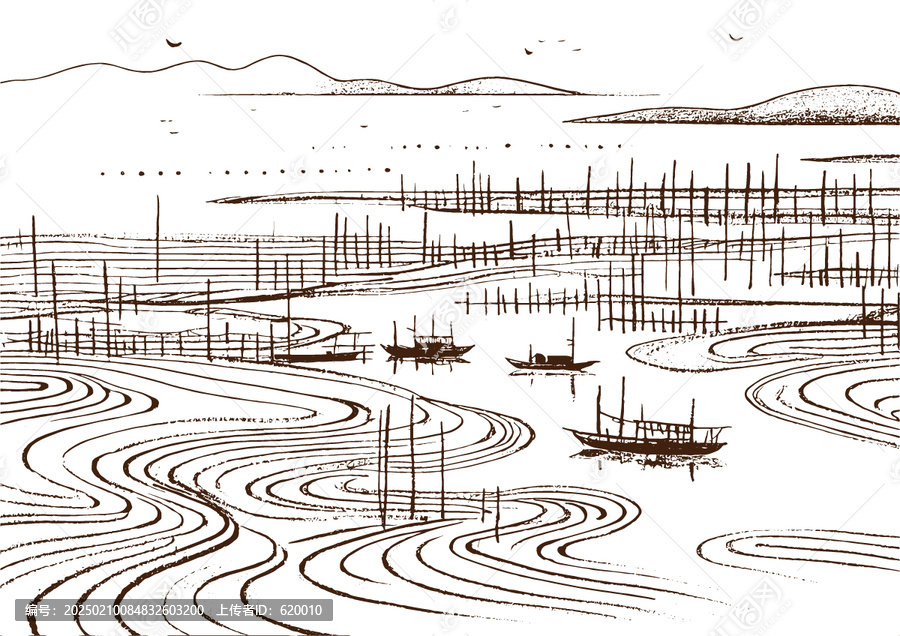 海上灘涂風(fēng)光插圖版畫素描底紋包裝矢量圖