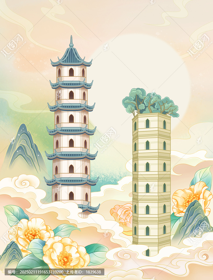 溫州地標(biāo)古建筑江心雙塔插畫