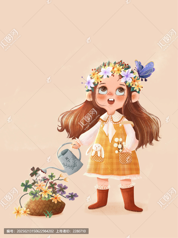 春天小女孩澆花可愛(ài)肌理風(fēng)格兒童插畫
