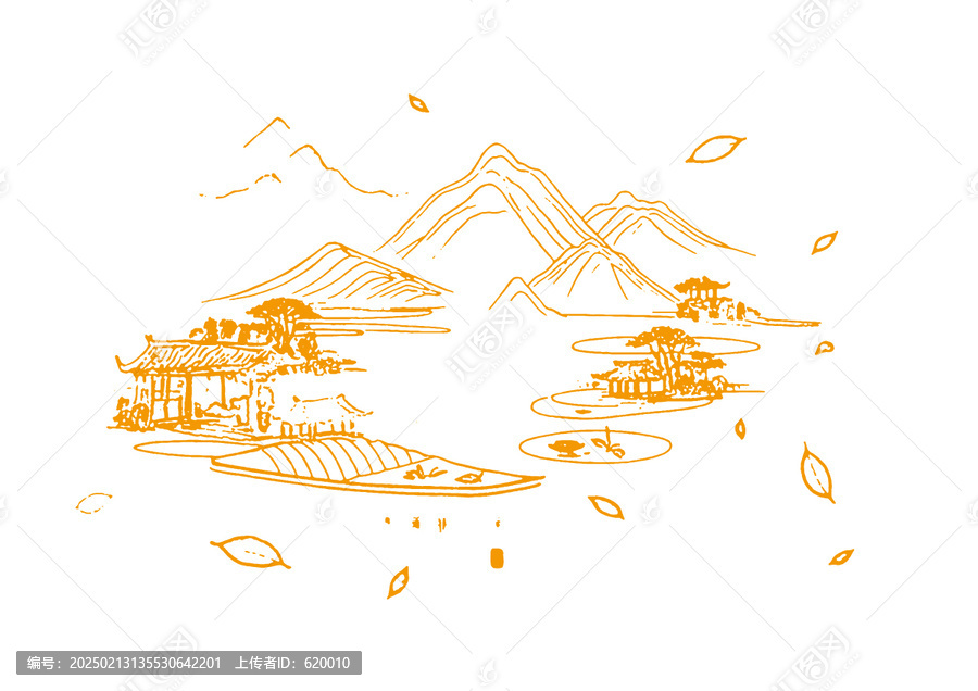 茶山茶園插圖版畫素描底紋包裝矢量圖