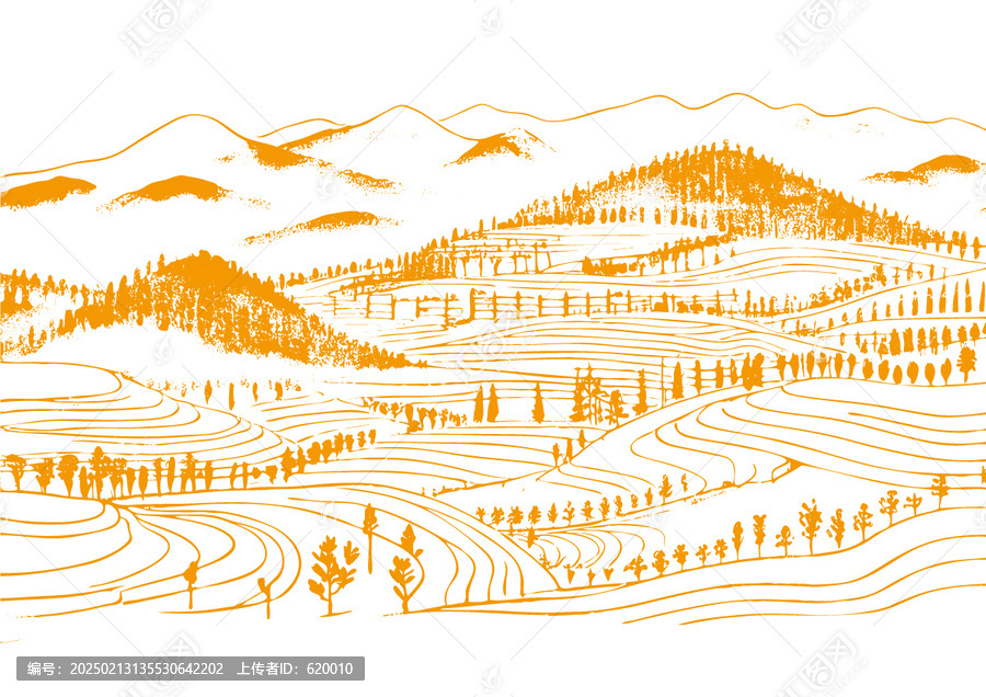 茶山茶園插圖版畫素描底紋包裝矢量圖