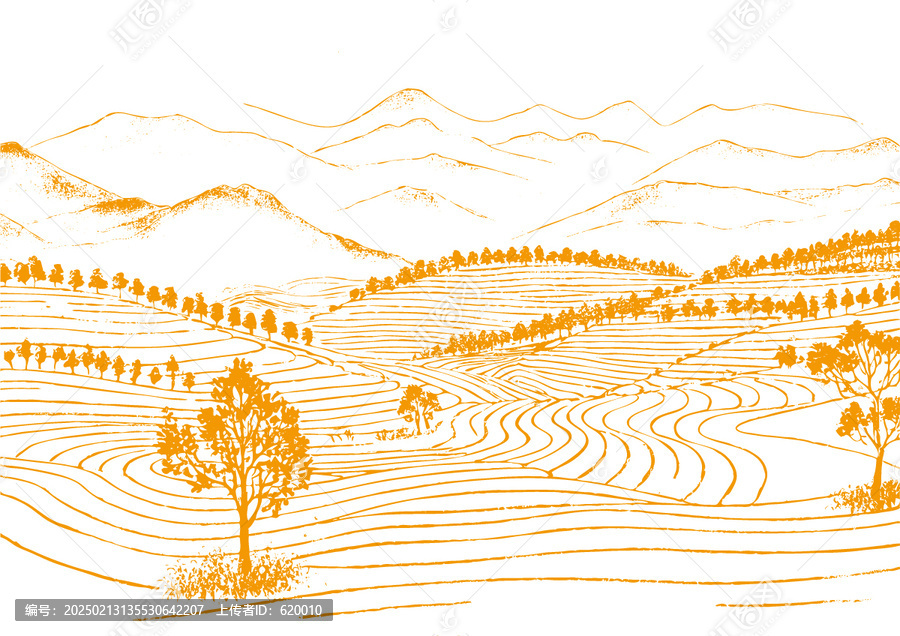 茶山茶園插圖版畫素描底紋包裝矢量圖