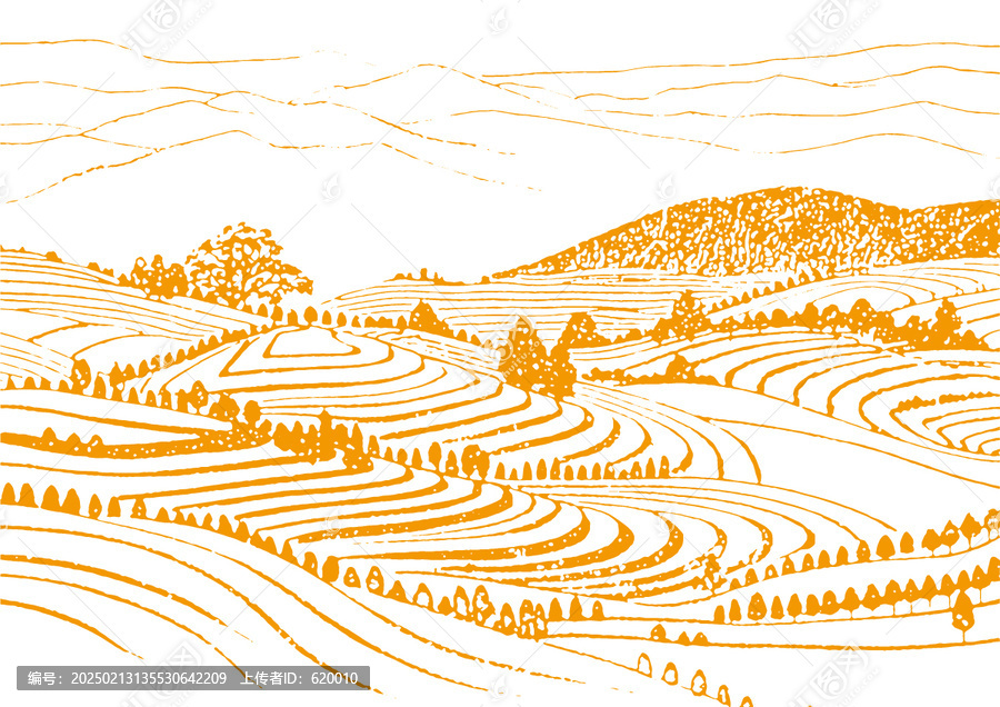 茶山茶園插圖版畫(huà)素描底紋包裝矢量圖