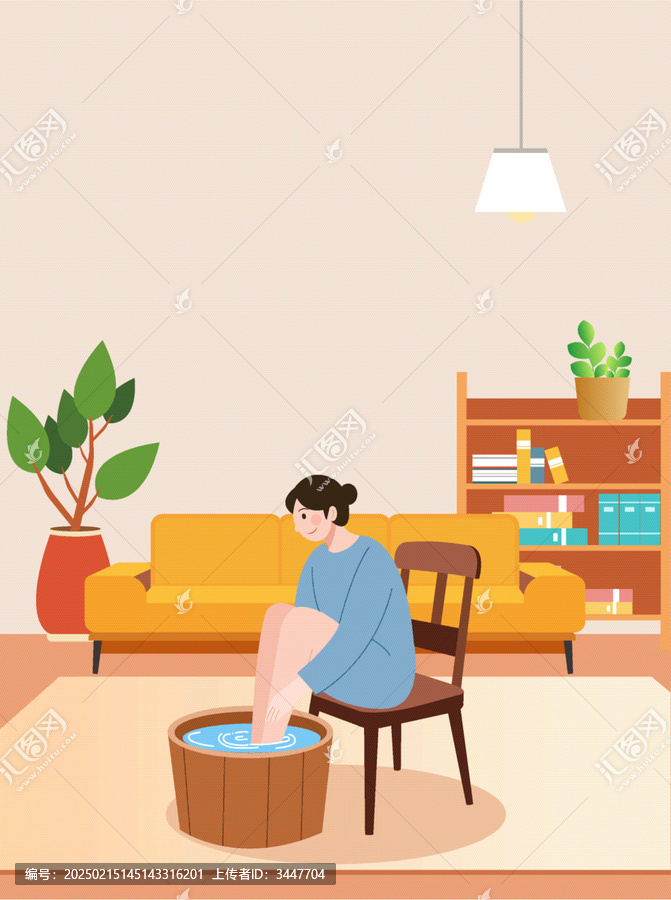 年輕女子足浴身體排毒養(yǎng)生泡腳人物矢量插畫