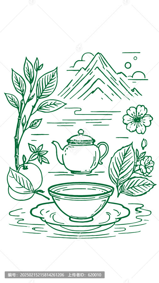 中國風茶元素素描線稿包裝設計底紋矢量圖