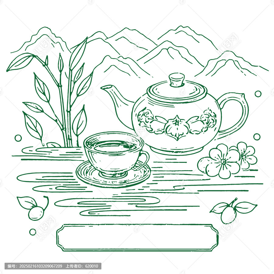 中國(guó)風(fēng)茶元素素描線稿包裝設(shè)計(jì)底紋矢量圖