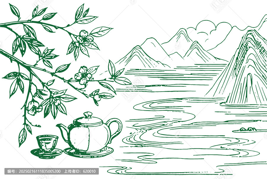 中國風茶元素素描線稿包裝設計底紋矢量圖