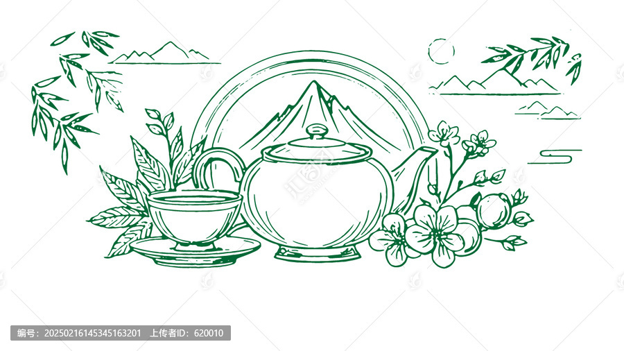 中國(guó)風(fēng)茶元素素描線稿包裝設(shè)計(jì)底紋矢量圖
