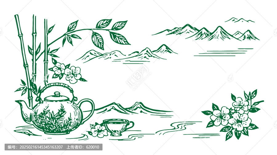 中國(guó)風(fēng)茶元素素描線(xiàn)稿包裝設(shè)計(jì)底紋矢量圖