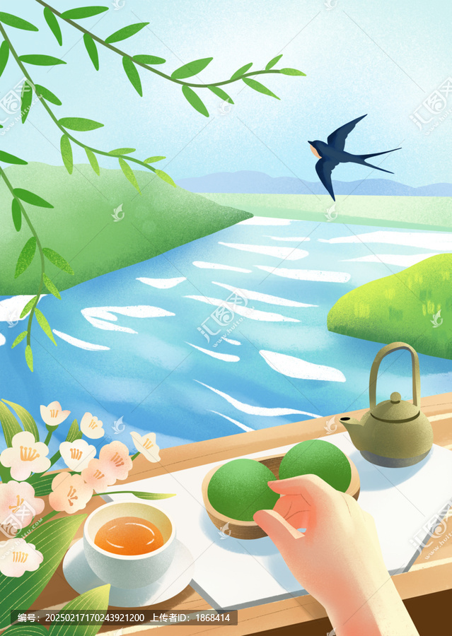 清明時節(jié)品嘗青團(tuán)插畫